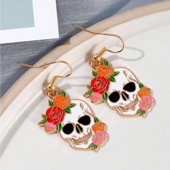 Day of The Dead Floral Skull Earrings, Sugar Skull Earrings, Halloween Earrings - Picture 2 of 3